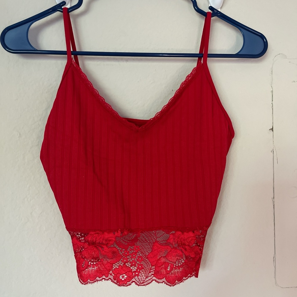 Guess Red Lace Trim Ribbed Tank Top